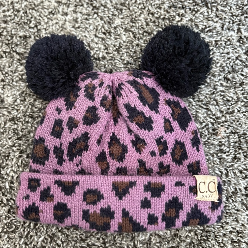 CC Boutique Pink Animal Print Hat with Black Pom Poms